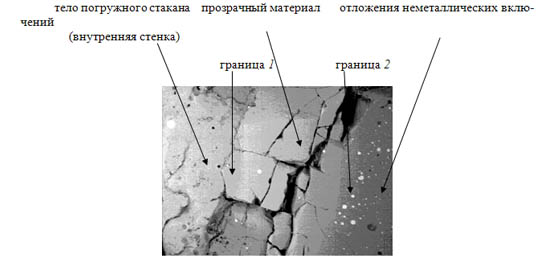 Морфология фрагмента внутренней стенки погружного стакана с остатками отложений неметаллических включений, образовавшимися при разливке стали: шлиф, РЭМ, контраст в отраженных электронах, х35