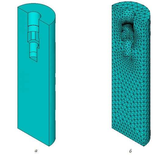 Геометрическая (а) и конечно-элементная модель (б) огнеупорной цилиндрической части стопора