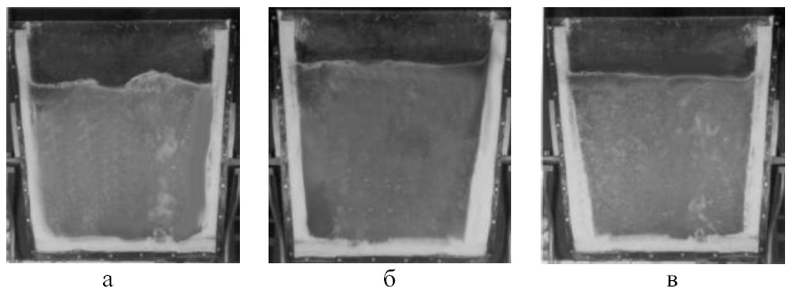 Картины износа футеровки при моделировании процессов донной продувки (а), электромагнитного перемешивания (б) стали в разливочном ковше и комбинированного перемешивания (в)